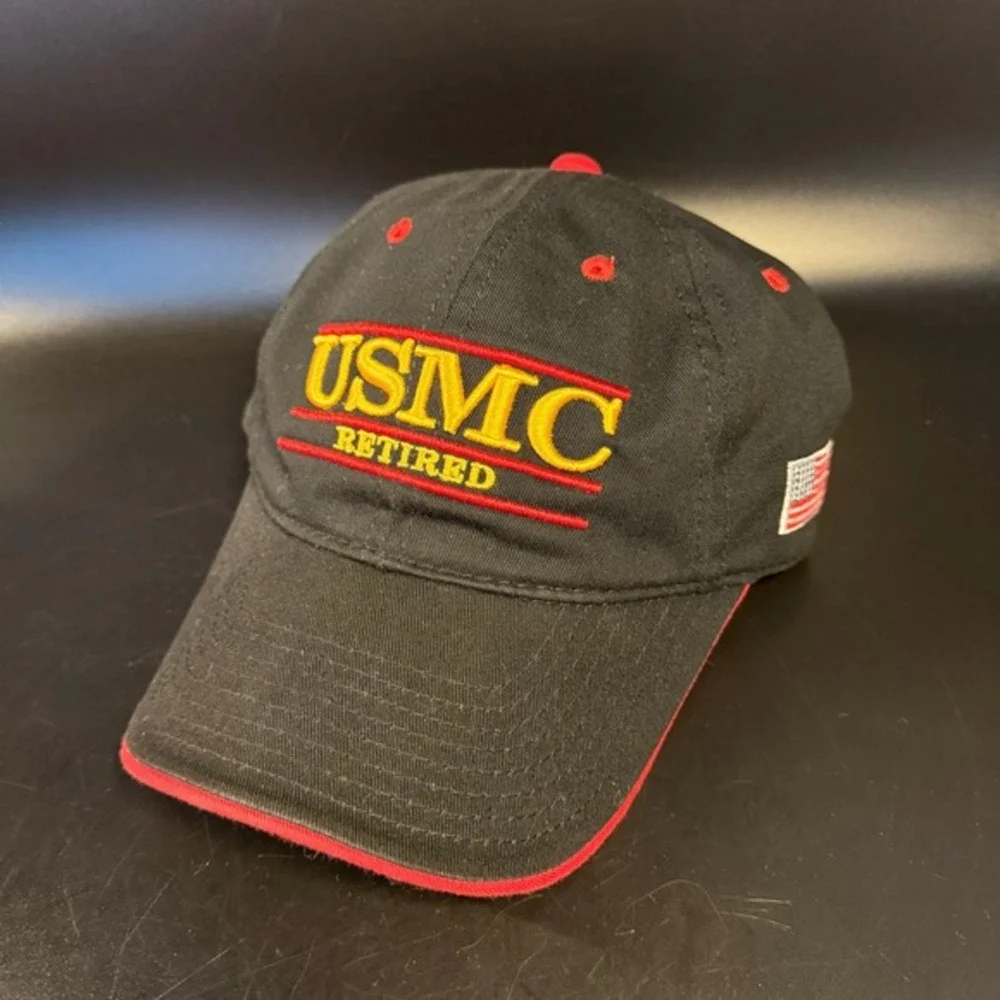 USMC Retired The Game‎ Black Red Cotton Adjustable Baseball Hat Mens OSFM